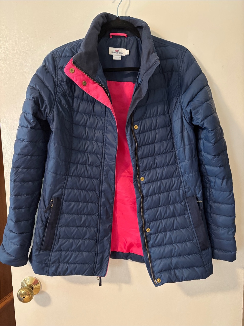 Vineyard Vines Navy Puffer Jacket with Pink Lining